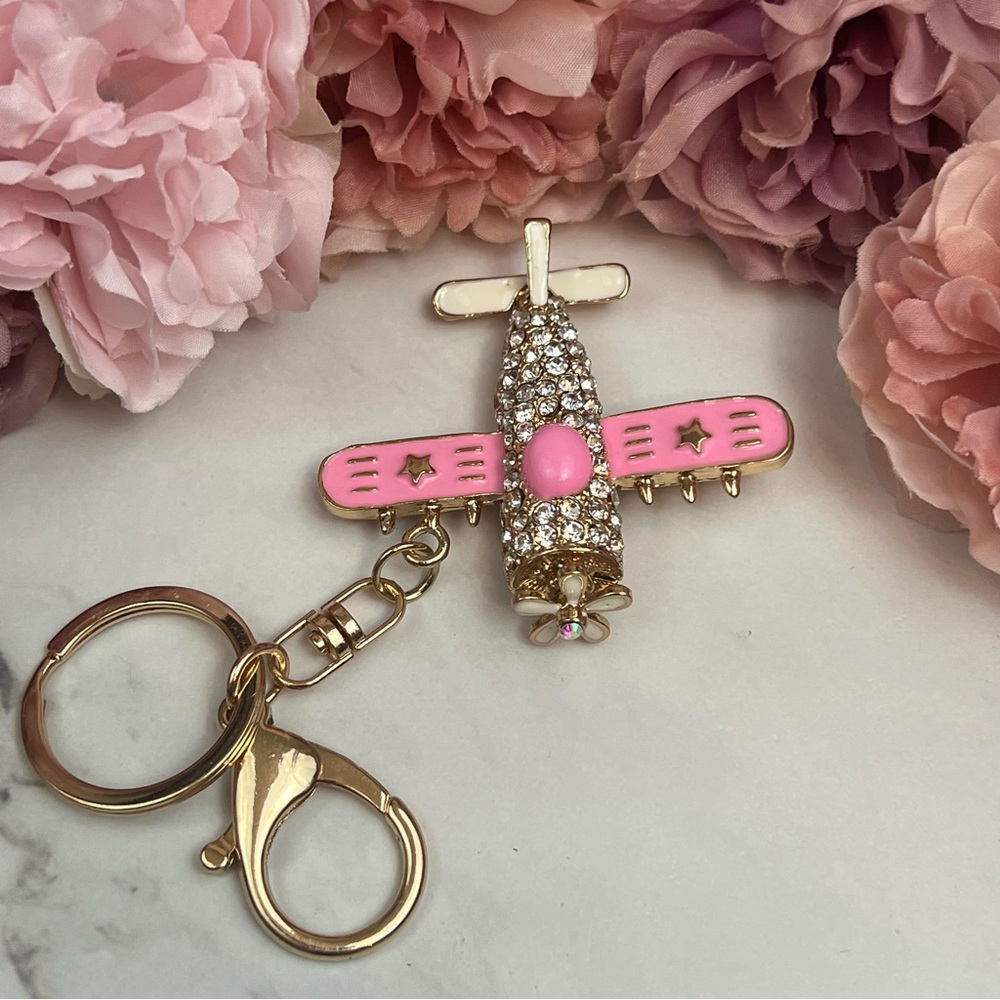 Whimsical Pink & Gold Crystal Airplane Keychain Charm - Picture 4 of 16